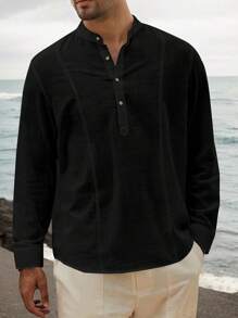 hoteel Men's Linen Henley Shirts Casual Long Sleeve Hippie Yoga Summer Beach Hawaii Hippie Button Down T-Shirt For Men - 黑色 - 查看 4