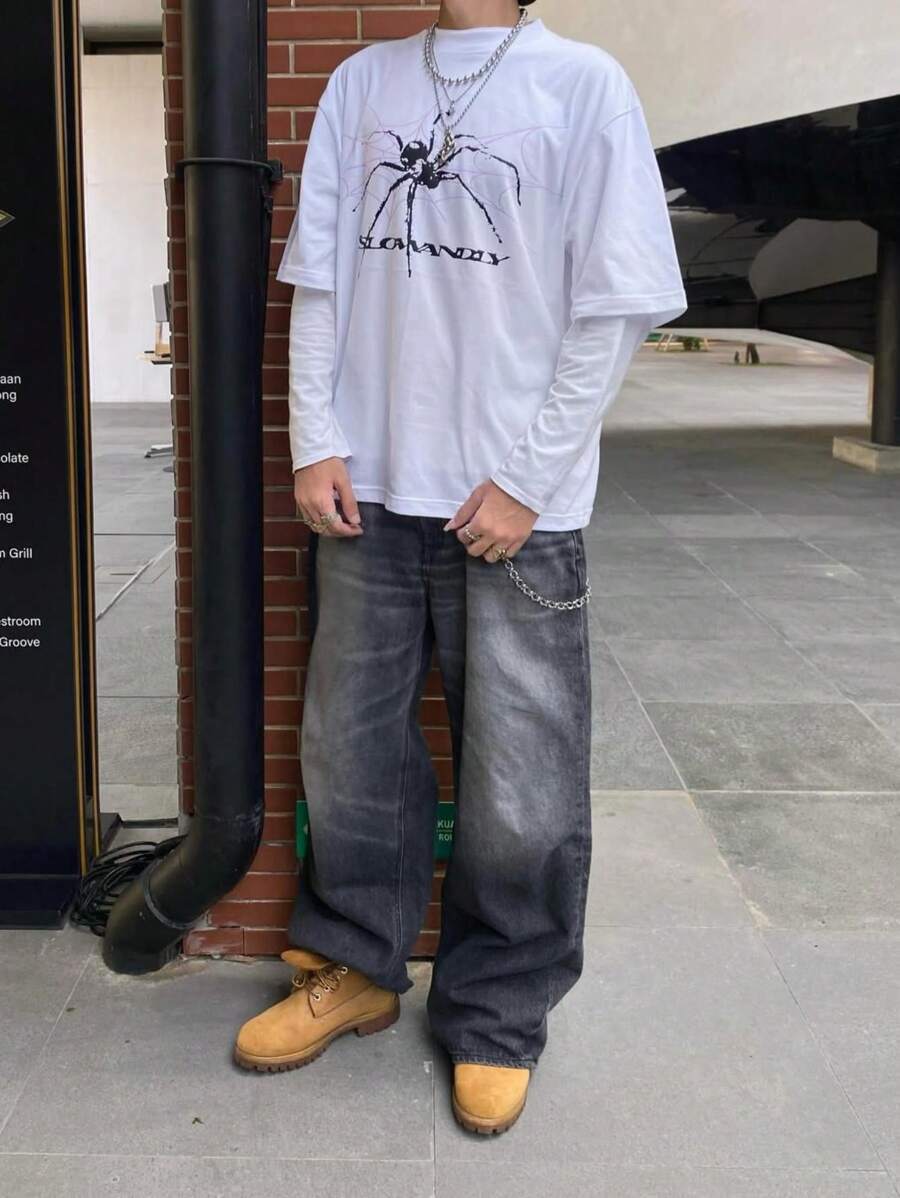 Men's Vintage Ripped Black Washed Denim Jeans, Loose Straight Leg - Black - View 1