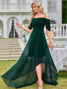 Chiffon Minimalist Sexy Off Shoulder Ruched Form-Fitting Cocktail Wedding Dress,Bridesmaid Dress - Dark Green - View 4