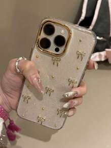 Glitter 3D Hollow Out Metal Heart Bow Phone Case Compatible With IPhone 17 Pro Max 16 15 14 13 12 Pro Max Plus 11 Women Cute Epoxy Clear Shockproof Cover - Gold - View 3
