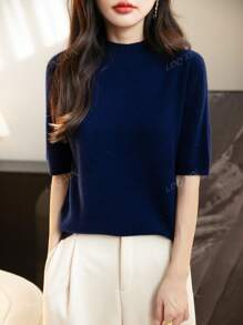 Top d'été en laine mérinos 100% mignon, pull sans couture élégant à col montant, top court tricoté à manches courtes pour femmes, nouveau t-shirt en laine pour femmes, printemps été