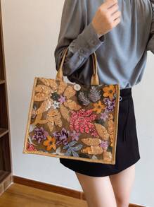 1pc Multicolor Sequin Mesh Patchwork Tote Bag, Fashionable Floral & Leaf Embroidered Linen Handbag For Women, Large Capacity Square Casual Beach Vacation Shopping Bag (Floral Pattern Randomly Distributed), Beach Essentials, Summer Women Bag,Perfect For Travel, Holiday & Beach, Sparkling Sequin Bags Ladies Elegant - Orange - View 7