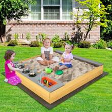 Kids Sandbox Outdoor Wooden Sandpit W/ Bottom Liner Creative Cooking Area - 自然的 - 查看 2