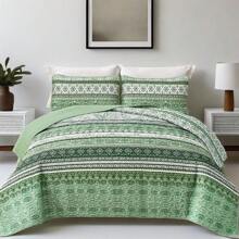 3 Pieces Boho Queen King Quilt Sets, Light Green Bohemian Quilt Bedding Set, Lightweight Microfiber Bed Decor Bedspread For All Season 96"X90" Home Decor Room Decor Bedroom Decor Bed Comforter Set Mothers Day Gift Wedding Decorations. - 淺綠色 - 查看 2