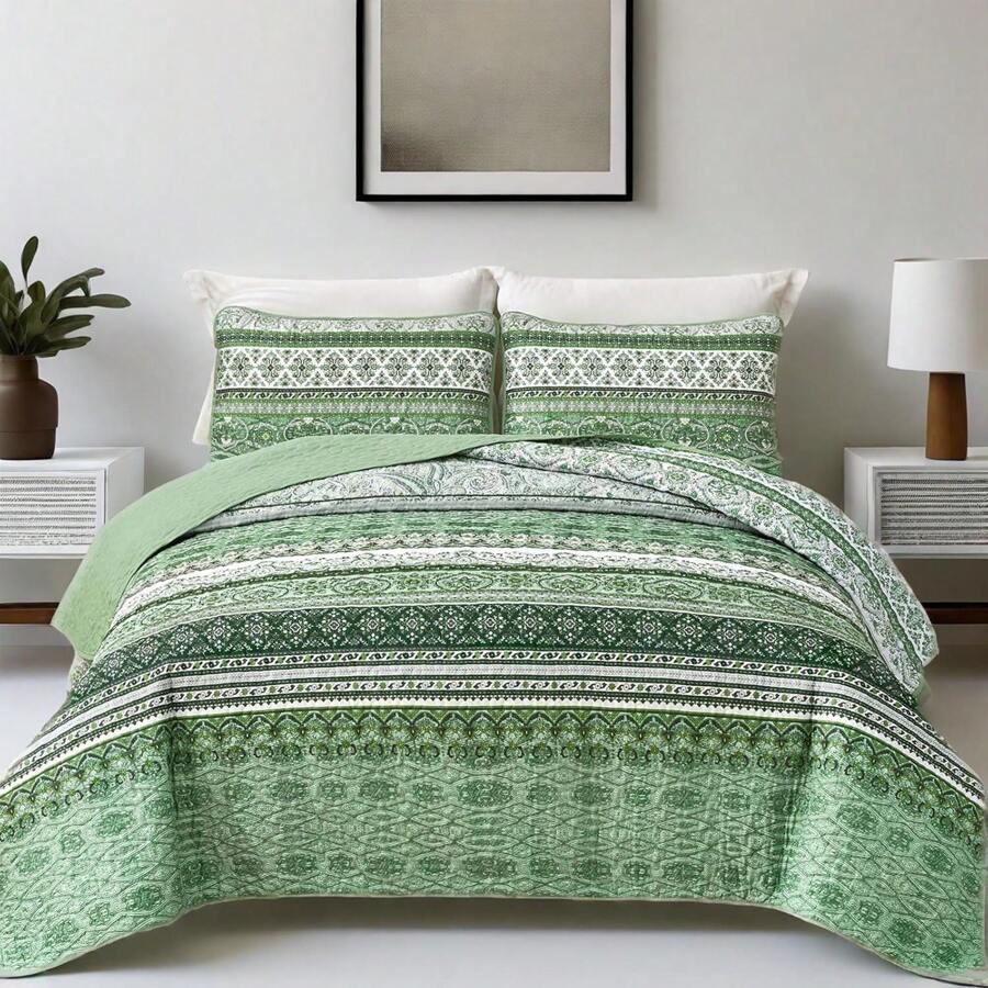 3 Pieces Boho Queen King Size Quilt Sets, Light Green Bohemian Quilted Bedding Set, Soft Lightweight Microfiber Bedspread For All Season Home Decor Room Decor Bedroom Decor Bed Comforter Set For Wedding Halloween Christmas Gifts - 淺綠色 - 查看 1