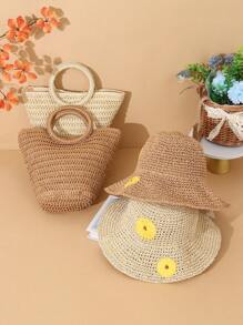 2pcs Spring/Summer Fashion New Straw Handbag & Handmade Bucket Hat Set - Multicolor - View 1