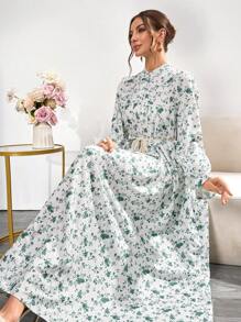 Women's Casual Floral Print Shirt Dress With Round Neck, Button Front & Tie Waist, Long Sleeve Maxi Dress For Daily Wear, Office, Vacation,Summer Dresses,Dresses Classy Elegant,Modest - Multicolor - View 1