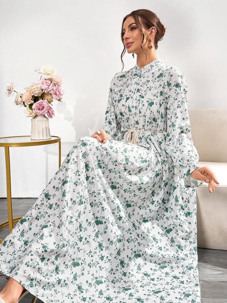 Women's Casual Floral Print Shirt Dress With Round Neck, Button Front & Tie Waist, Long Sleeve Maxi Dress For Daily Wear, Office, Vacation,Summer Dresses,Dresses Classy Elegant,Modest - Multicolor - View 1