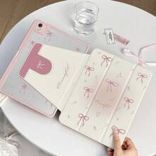 1pc Beautiful Pink Flower Bow Reversible Print 720 Rotating Acrylic Transparent Crystal Clear Protective Case With Pen Slot, Compatible With IPad & , Supports Sleep/Wake Function - Multicolor - View 2