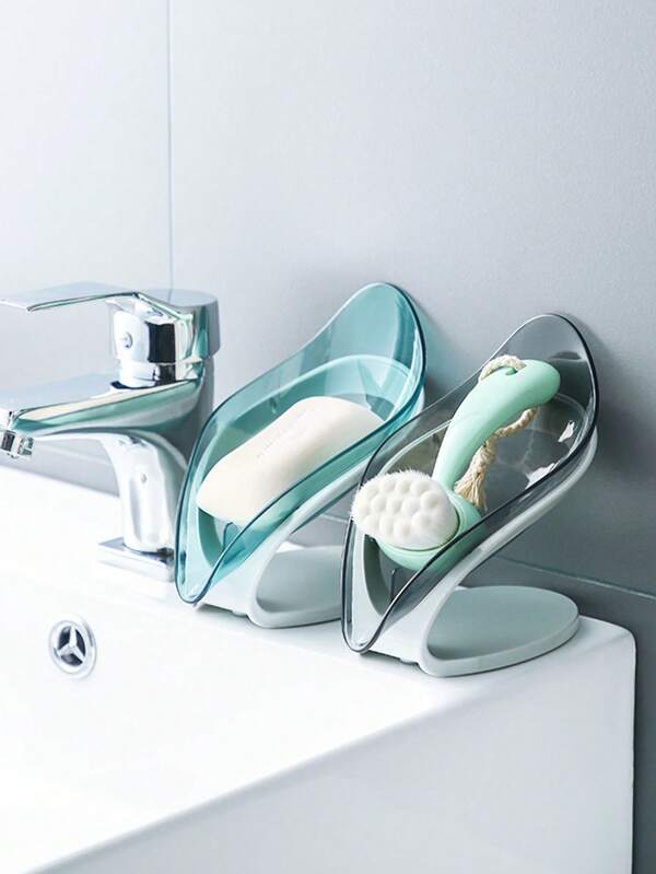 1/2pcs Leaf Shaped Soap Dish, No Drill, Non-Drip Soap Holder, Home Use Soap Tray, Suction Cup Soap Rack