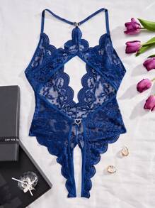 Ning xue yan ying Women's Blue Transparent Deep V-Neck ,Jacquard Weave,Backless,Bow Decoration On The Chest,Floral Lace Criss Cross Crotchless,Heart Metal Buckle Decoration,Sexy Teddy Bodysuit,Scallop Trim Tight Fitting Bodysuit,Women Sexy Club Outfits ,Women's Sexy Bodysuit