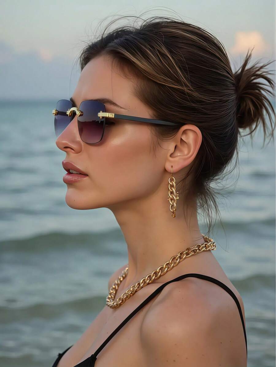 1Pc Frameless Square Gradient Cut-Edge Glasses - Versatile Chic For Everyday, Beach, Party & Runway Styling - Grey - View 1