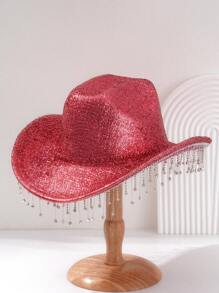 1pc Unisex Rhinestone Tassel Fringed Shiny Cowboy Hat, Creative Punk Style Wide Brim Hat, Suitable As Bridesmaid/Bride Hat, Great For Parties, Western Themed Events, Gatherings, Engagement Parties, Cosplay, Graduations, Masquerade Balls, Festivals, Weddings, Birthdays, Music Festivals, Coming Of Age Ceremonies