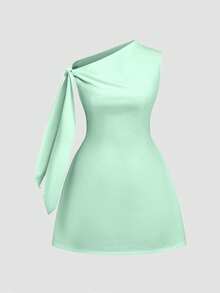 Women Elegant Solid Color Asymmetric Neck Sleeveless Tie-Up Minimalist Short Light-Colored Dress Summer - Mint Green - View 4