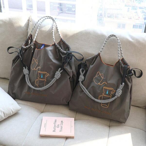 Women's Shoulder Bag, Stylish And Elegant, Nylon Bag, Embroidered Coffee Pot Pattern, Cloth Bag, Large Capacity, Lightweight, Foldable Storage, Crossbody Bag, Handbag, Commute, Travel, School, Leisure, Fashion Street Photo, Holiday Gift Large Capacity Tote