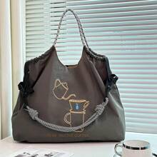 Women's Shoulder Bag, Stylish And Elegant, Nylon Bag, Embroidered Coffee Pot Pattern, Cloth Bag, Large Capacity, Lightweight, Foldable Storage, Crossbody Bag, Handbag, Commute, Travel, School, Leisure, Fashion Street Photo, Holiday Gift Large Capacity Tote
