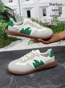 Women Casual Suede Leather Multi-Functional Lace-Up Round Toe Rubber Sole Sneakers, Retro Color-Block, Comfortable Flat Everyday Wear - Green - View 5