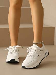 Women's Round Toe Lace-Up Thick Sole Student Casual Comfortable Running Sneakers - Blue - View 4