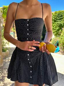 Floreya Summer Holiday Polka Dot Print Strapless Off Shoulder Buttoned Back Mini Dress, Fashion Retro Black Polka Dot Spaghetti Strap Ruffle A-Line Short Dress, French Minimalist Strapless Bodycon Dress - Black and White - View 6