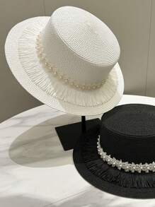 1pc Women Straw Weave Hat, Casual Cute Elegant Tasseled Pearl Flat Top Straw Hat For Summer, British Style Beach Sun Hat Suitable For Outdoors, Travel And Leisure Use - MZ2791 - View 4
