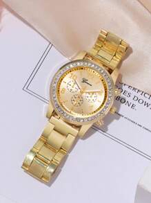 6件套时尚女士圆形钢带石英手表，百搭圆形钻石表盘手表，可与手链、项链、耳环、戒指和其他珠宝搭配成一套珠宝，适合日常佩戴、正式场合和其他场合，也可用于节日装饰。 - 金色 - 查看 4