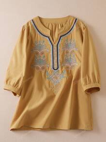 Blusa de verano casual de mujer con cuello en V, mangas abultadas y bordado de unicolor