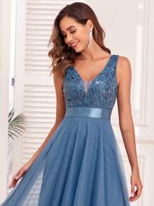 V领撞色亮片网纱A字优雅正式礼服，女士伴娘礼服，适合婚礼、毕业典礼、晚宴及其他场合 - 霧霾藍 - 查看 8