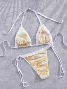 Sexy Random Print Fly Edge Design Bikini Swimsuit, Split Swimwear For Beach Holiday In Summer - White - View 5