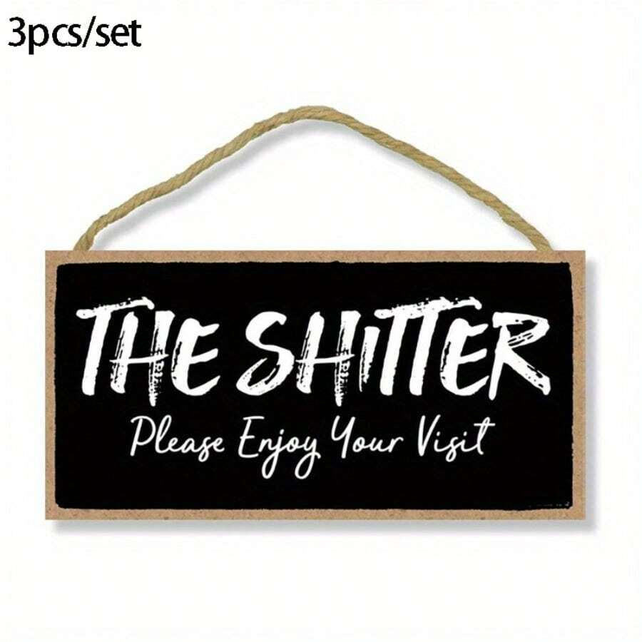3pc The Shitter Please Enjoy Your Visit Hanging Wall Art Decorative Wood Sign Home Bathroom Decor - Black - View 1