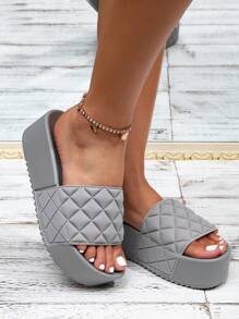 夏季新款女士休闲时尚菱形纹厚底增高凉鞋户外沙滩舒适凉鞋 - 灰色 - 查看 4