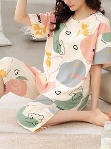 2 Potong Set Piyama Wanita, Atasan Lengan Pendek Motif Kelinci Lucu & Bunga, Celana Panjang 3/4 Kasual Modis, Cocok Untuk Musim Semi & Musim Panas - Aprikot - View 6