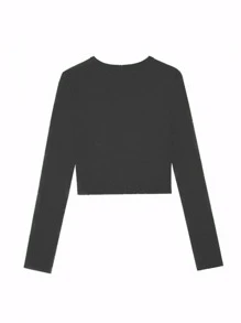 Women Plain Crew Neck Long Casual Sleeve Crop Fitted Slim Fit T-Shirt Heart & Slogan Graphic I Love My Boyfriend Husband Print Women's Short Elegant & Versatile ,Solid Color Suitable For Spring Summer And Autumn/Winter Seasons - Grey - View 4