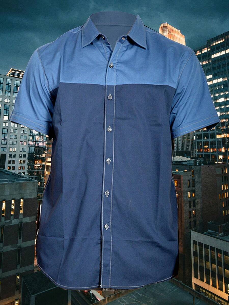 Mens Short Sleeve Two Tone Color Block Casual Button-Down Shirt Office School - Blue - View 1