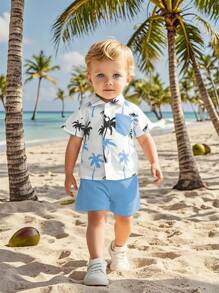 男宝宝休闲椰子树印花短袖衬衫和短裤套装，适合假期夏季 - 藍色 - 查看 4