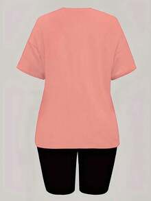 2pcs/Set Summer New Fashionable Milano Letter Print Women Casual Minimalist Round Neck T-Shirt And Shorts Set - Leather Powder+Black - View 2