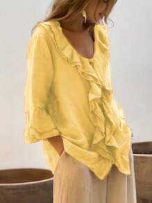 Women's Spring/Summer Break Casual Solid Color Double-Layer Ruffle Edge Design Button Pocket Shirt Old Money Style Comfortable And Breathable High-Quality Ruffled Design Shirt Oversized Fashion Hundred Wear Solid Color Frill Trim Design Vintage Wooden Button Special Design Dignified And Elegant Blouse