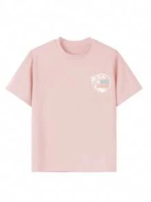 少女趣味图案印花圆领短袖休闲 T 恤，夏季上衣 - 粉色 - 查看 3