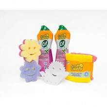 GUIRE Floral Scent Cif Cleaning Cleanser Bundle With Sponge Holder, Mommy Flower Sponges, Microfiber Towels And Cif Cleansing Cream 80921