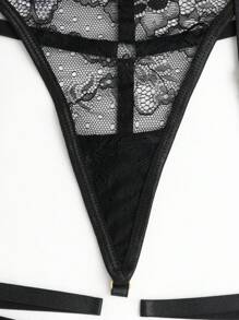 女士性感内衣套装聚拢吊袜带带钢托胸罩花朵蕾丝 3 件套 - 黑色 - 查看 8