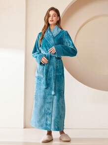 1pc Flannel Long And Thick Bathrobe, Autumn/Winter Adult Flannel Bathrobe, Hotel/SPA/Salon, Flannel, Absorbent And Quick-Dry, Loose Fit, Multiple Colors, Simple Design, Bathroom & Home Essentials Summer,Holiday Home Bathroom Decor Back To School - Multicolor - View 6