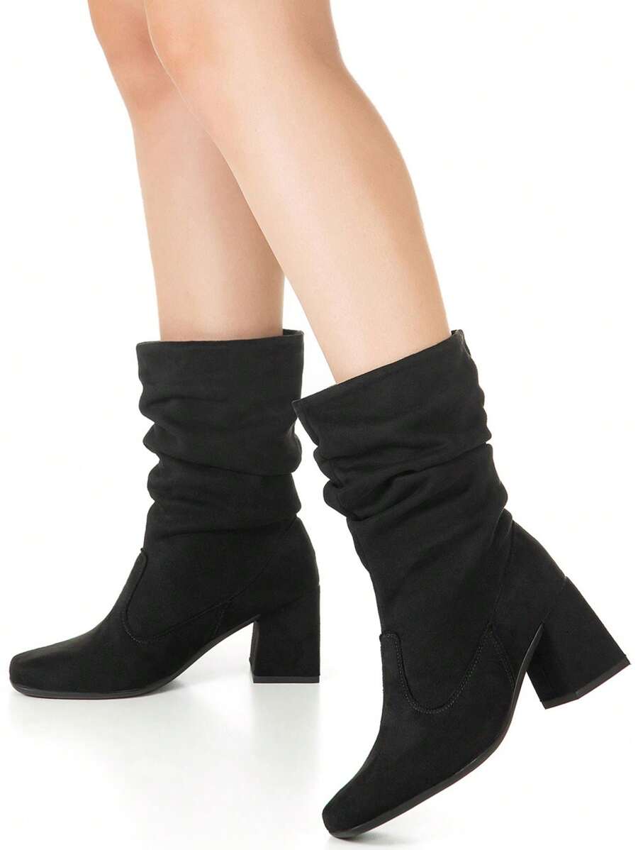 GiGiL Women's Boots Square Toe High Heel Thick Wrinkled Easy Fit Stretch Party Elegant Comfortable Slouch - màu đen - Xem 1
