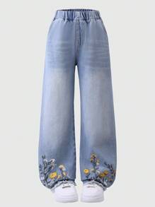 少女休闲刺绣牛仔裤，适合日常和户外穿着，四季皆宜 - 藍色 - 查看 1