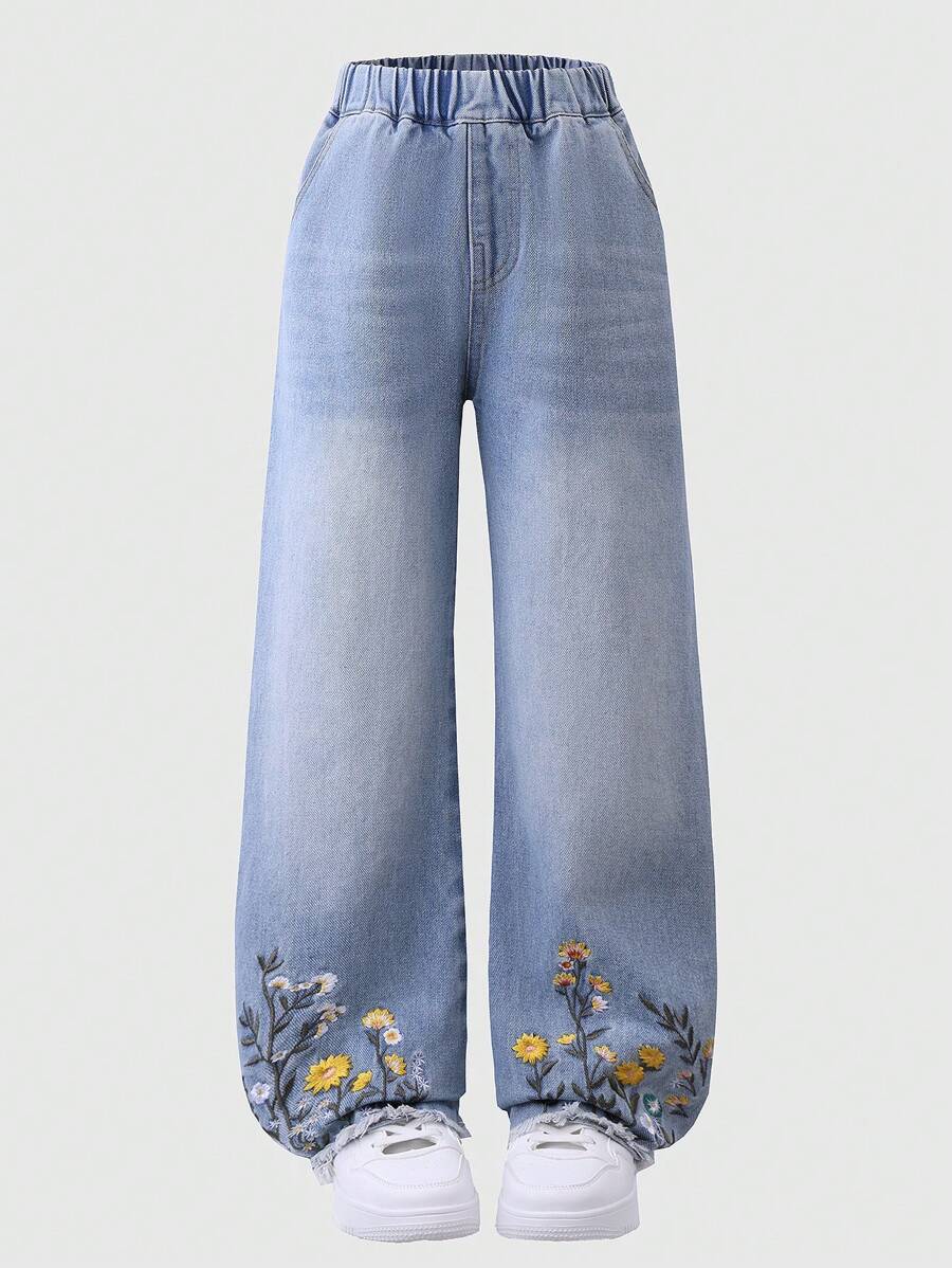 少女休闲刺绣牛仔裤，适合日常和户外穿着，四季皆宜 - 藍色 - 查看 1