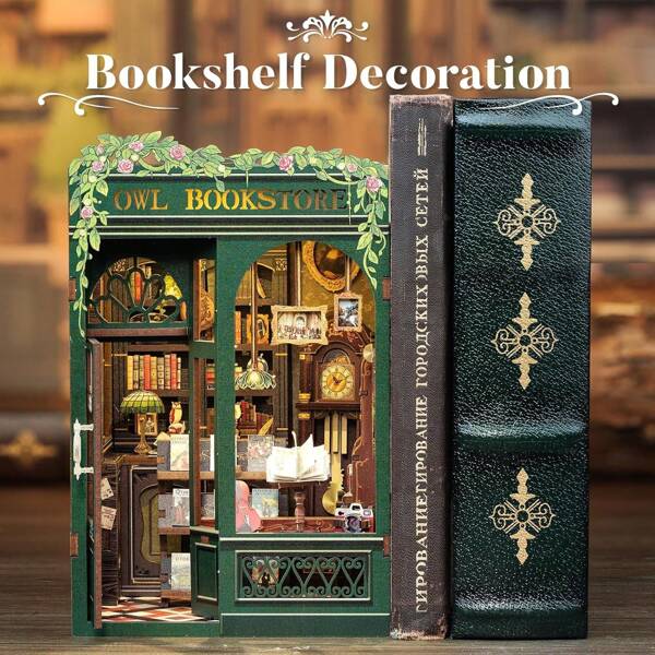 Kit angolo libri, casa in miniatura fai da te, kit casa delle bambole in miniatura con IED, kit modello biblioteca angolo libri per adulti da costruire, regali di decorazione per scaffali (libreria gufo)