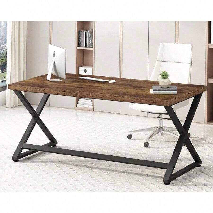 Computer Desk, Modern Metal Home Office Desk, Farmhouse Work Study Writing Desk In Bedroom, Minimalist Wood Laptop Executive Workstation Computer PC Gaming Table, Rustic Oak, 55 In - Rustic Brown - View 1