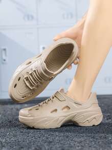 Men's Casual Perforated Slip-On Shoes, Korean Style, Versatile, Thick Sole, Breathable, Non-Slip, Fashion Sneakers - Khaki - View 4