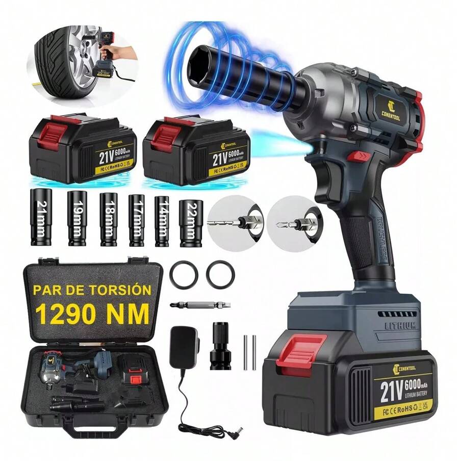 Llave de impacto eléctrica, 1290nm, llave de impacto sin escobillas de alto torque con 2 baterías, 6500 rpm, batería de carga rápida de 6.0 Ah, diseño inalámbrico, luz LED, motor sin escobillas silencioso, eje resistente al desgaste de alta dureza, se puede utilizar como taladro eléctrico, adecuado para mejoras en el hogar, proyectos de construcción, mantenimiento de equipos industriales o reparación de piezas de motocicletas, construcción a gran escala, mantenimiento de equipos pesados ​​o ensamblaje de productos, atornillador de impacto inalámbrico