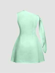 Women Elegant Solid Color Asymmetric Neck Sleeveless Tie-Up Minimalist Short Light-Colored Dress Summer - Mint Green - View 3