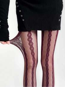 1 pieza Medias de mujer con tejido de punto de cable, de malla fina con estampado de rayas verticales de encaje calado, transpirable, transparente, de estilo gótico oscuro, sexy, de ajuste ceñido