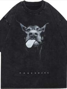 Camiseta para Hombres 1Pcs 220g 100% Algodón Estampado Digital con Imagen de Doberman y Estilo Cool - Negro - Ver 1